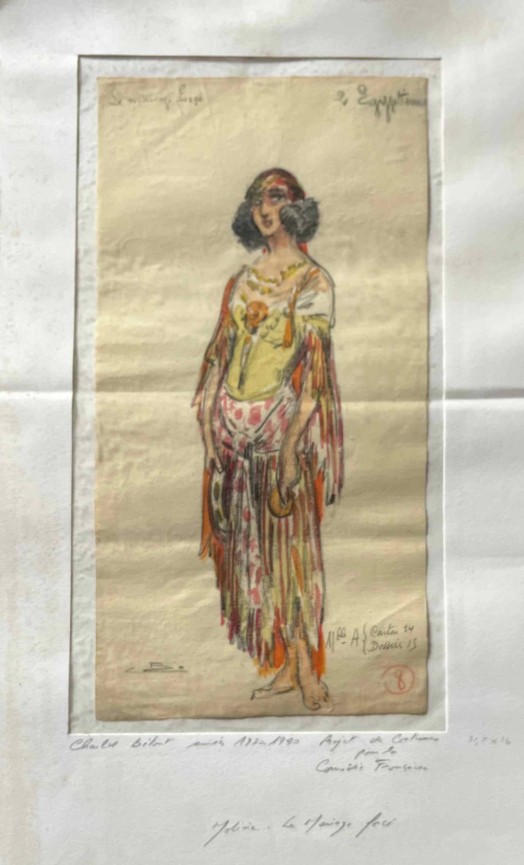 Watercolor painting charles betout (1869-1945) the egyptian french comedy