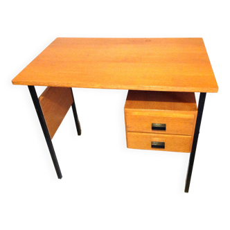 Suspended pedestal desk in varnished oak veneer and metal base / vintage 50s-60s