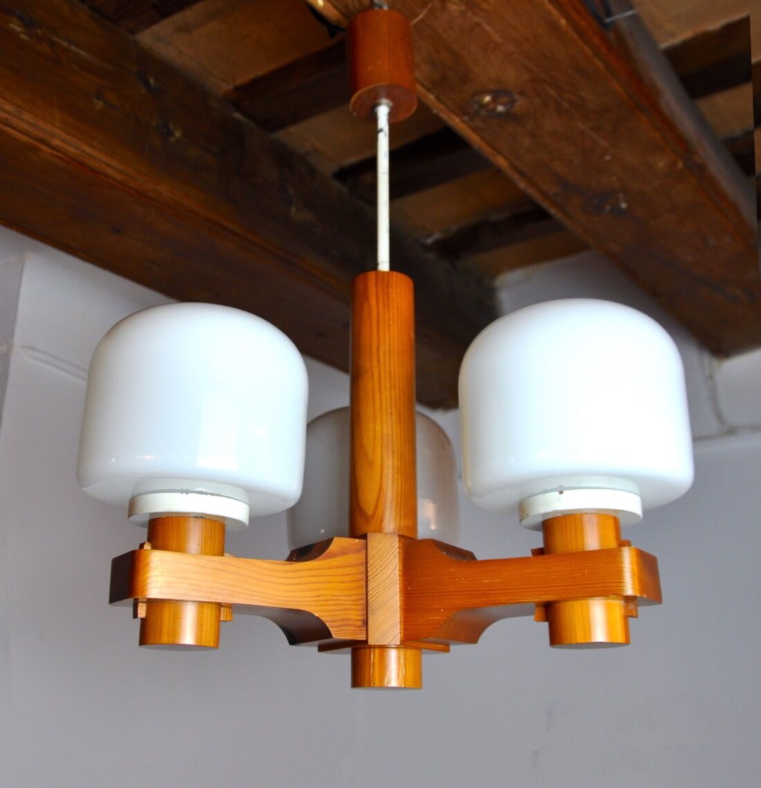 Nordic chandelier in Wood and Opaline, Denmark, 1970