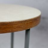 Side table tubular steel base, round top strapping wood, France, circa 1950