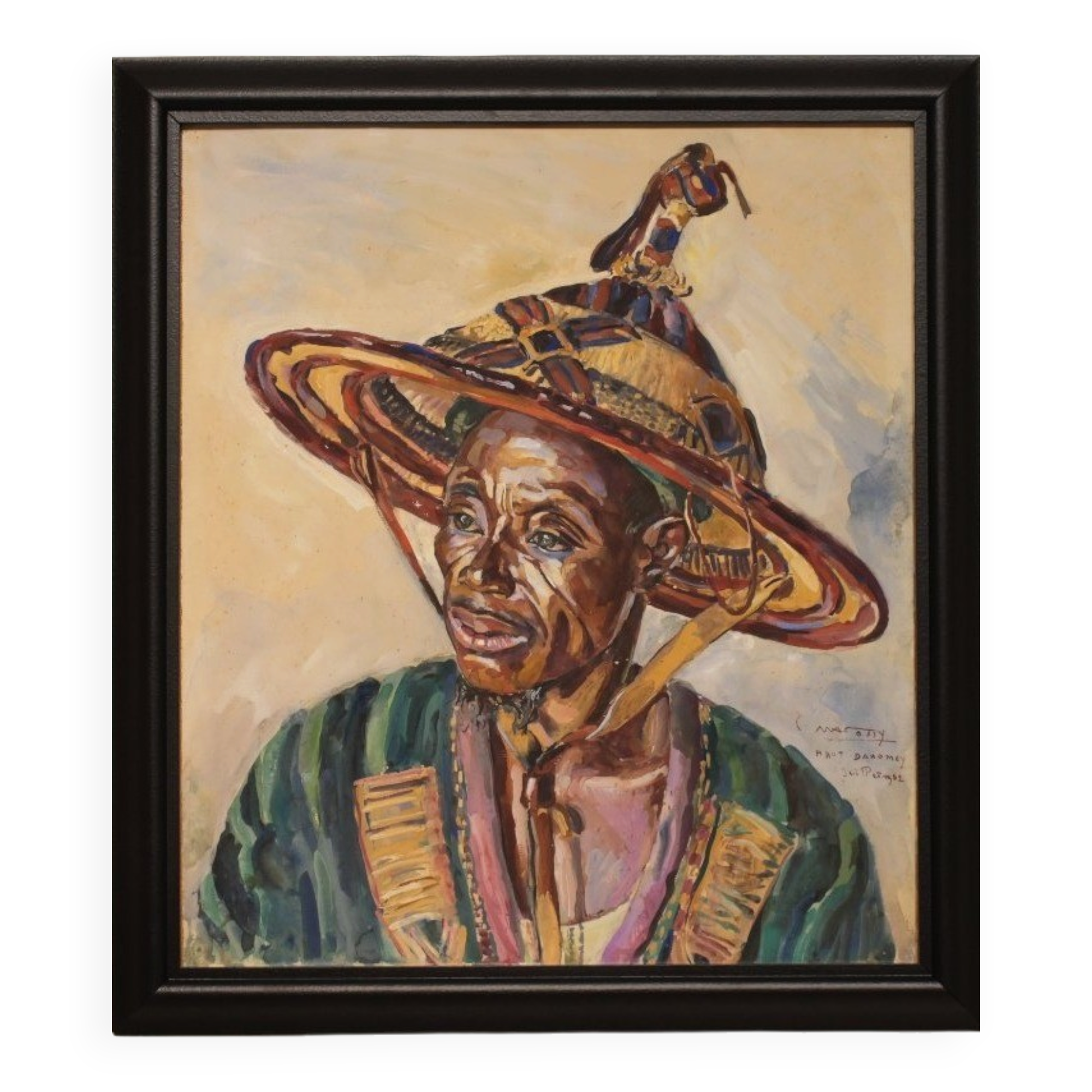 Large portrait of a Beninese man in traditional hat by Pierre Matossy (1891-1969)