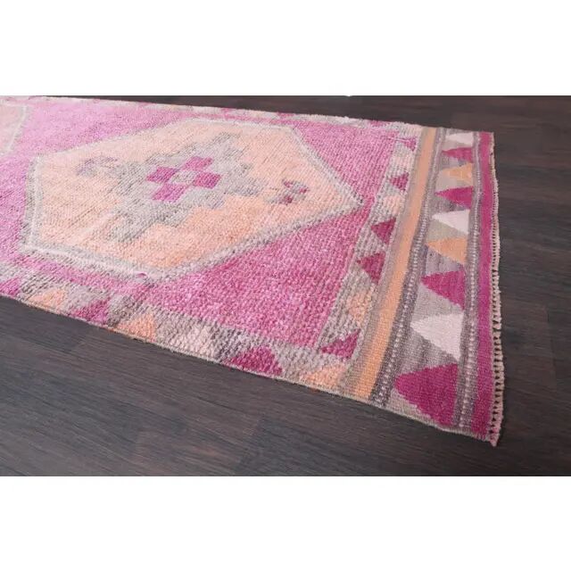 Vintage Turkish Hand-Knotted Wool Cotton Pink Runner Rug 96x365