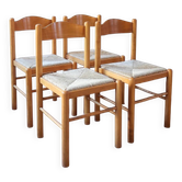 4 solid pine chairs, straw seats, shaped backrest.