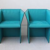 Set of Turquoise Leather Armchairs by Tito Agnoli, Italy, 1970s