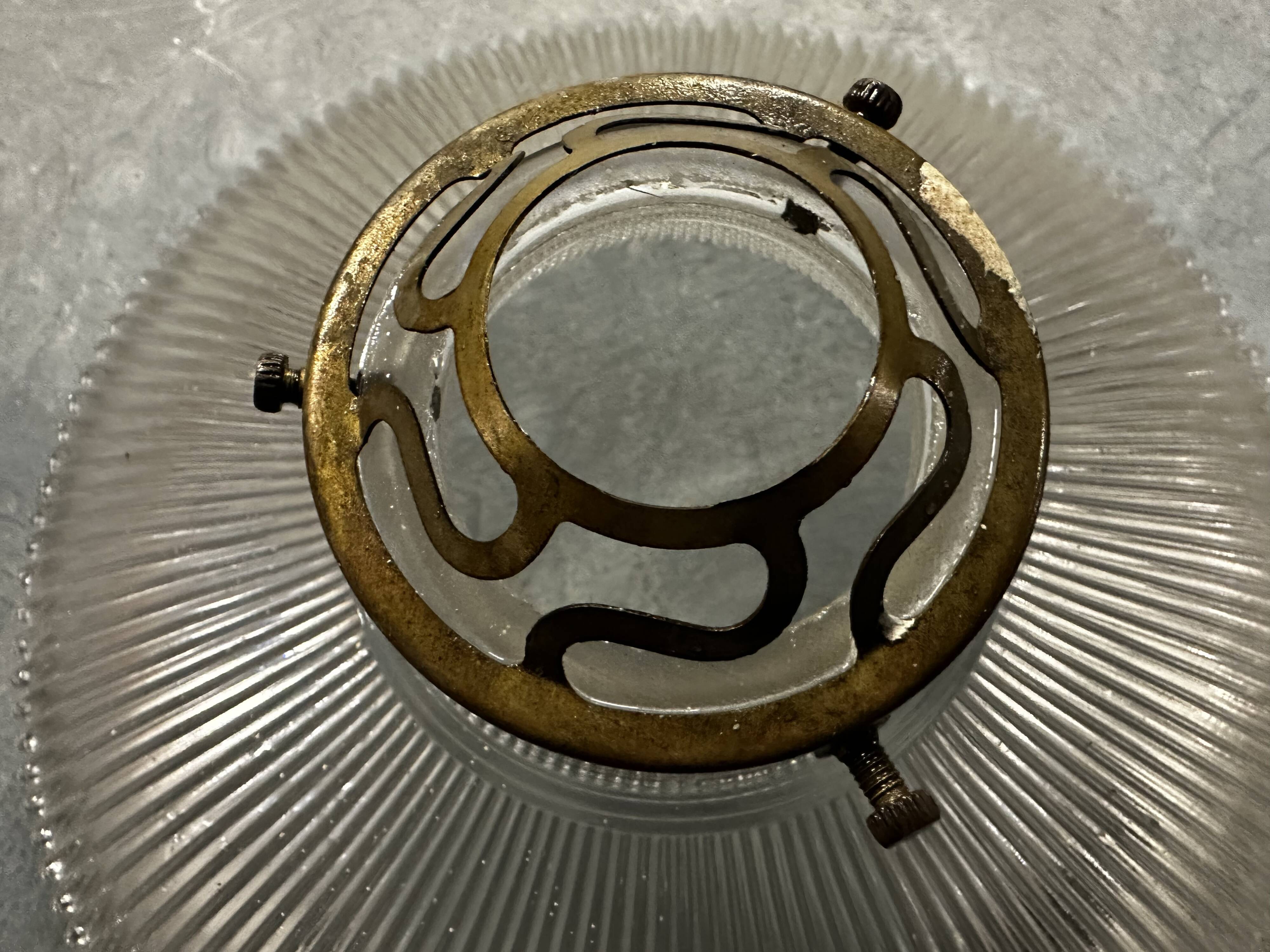 Suspension in holophane striated glass and brass support - art-deco period