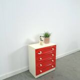 Vintage ladekast met rood roze kunststof lades 1970