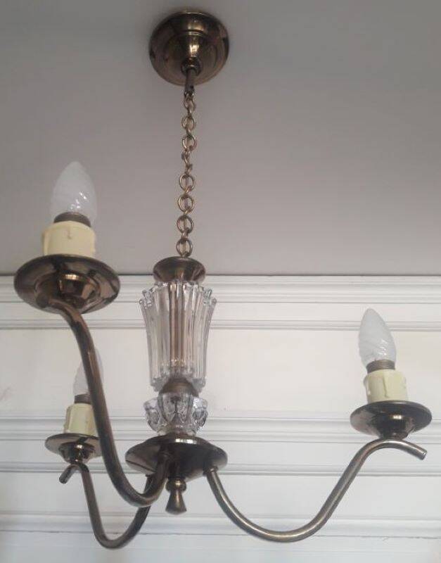 Chandelier 1950, 1960 3 lights gold metal and glass