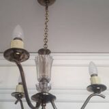 Chandelier 1950, 1960 3 lights gold metal and glass