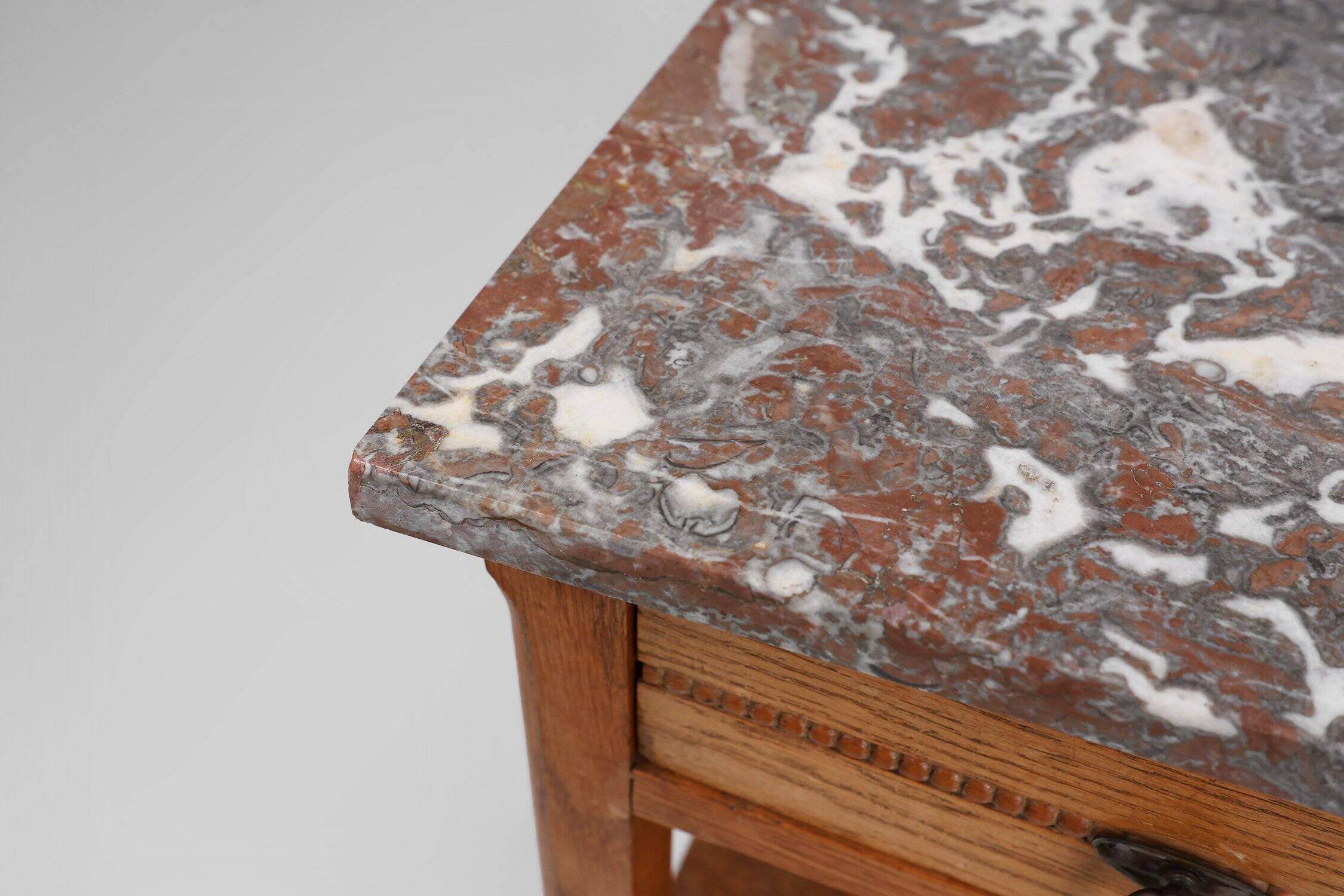 French Art Deco Nightstand in Oak with Pink Marble Top, 1930s