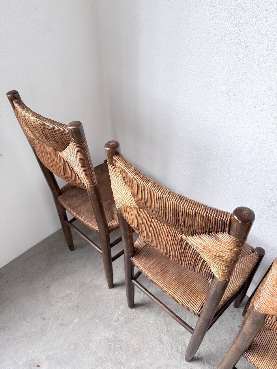 Set of 6 straw and oak Beauche chairs.