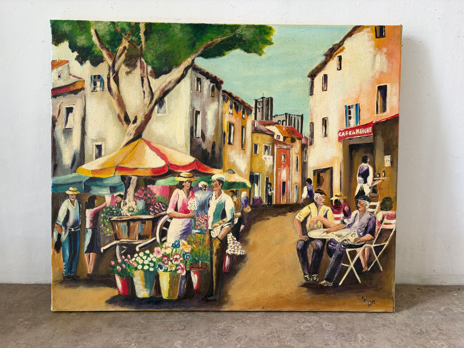 The flower market, oil on canvas signed Luga.