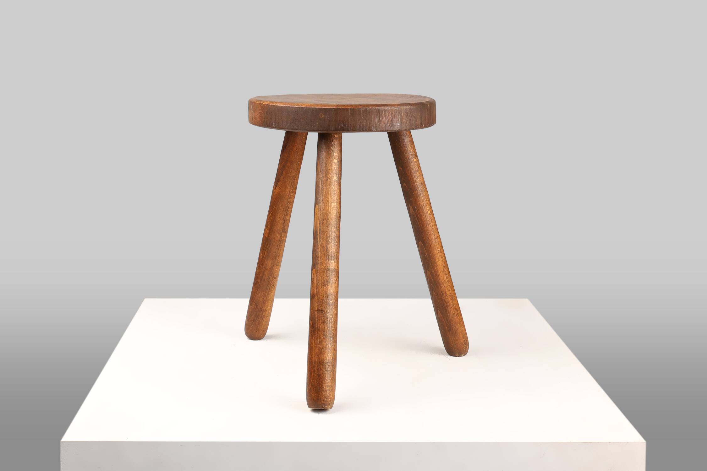 French hand crafted brutalist rustic low tripod stool in solid wood