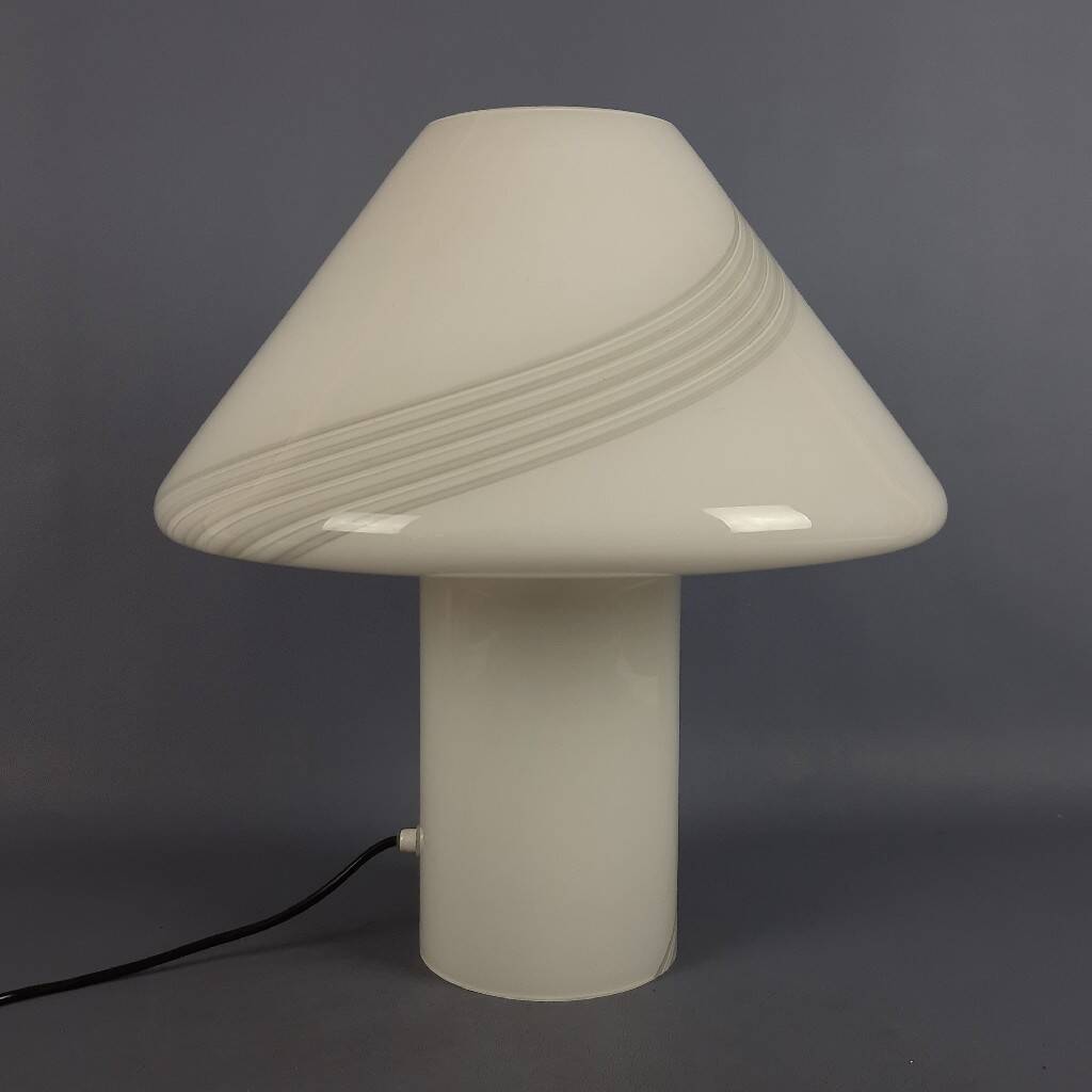 Opal Murano glass mushroom lamp with spiral stripes, 1970s modernist design.