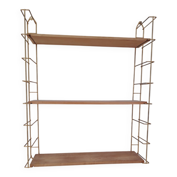 Étagère murale modulable vintage en fil d'acier doré et bois années 1950