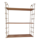 Vintage modular wall shelf in golden steel wire and wood from the 1950s.