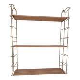 Vintage modular wall shelf in golden steel wire and wood from the 1950s.