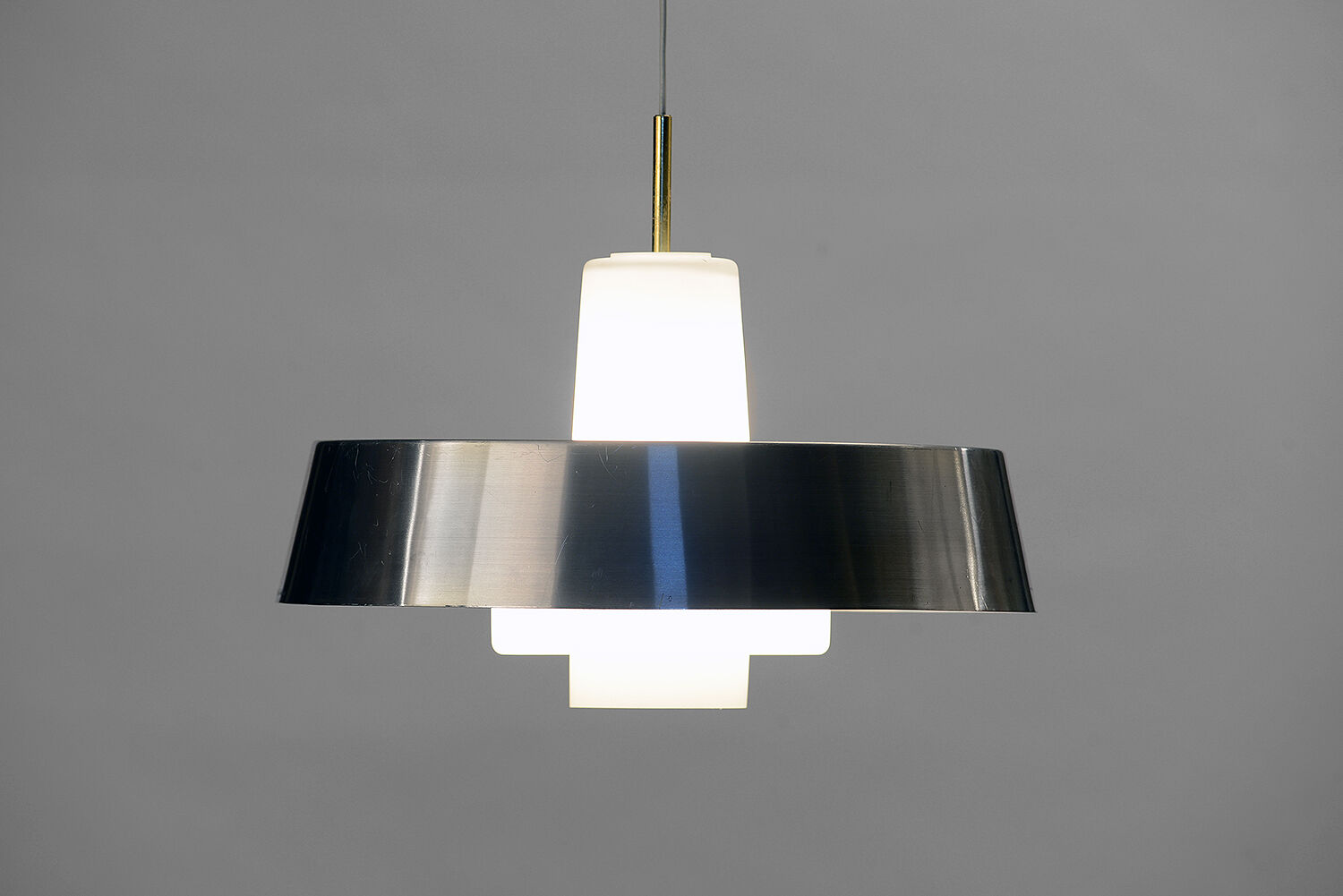Opac glass and brushed aluminium pendant light. Sweden 1960s