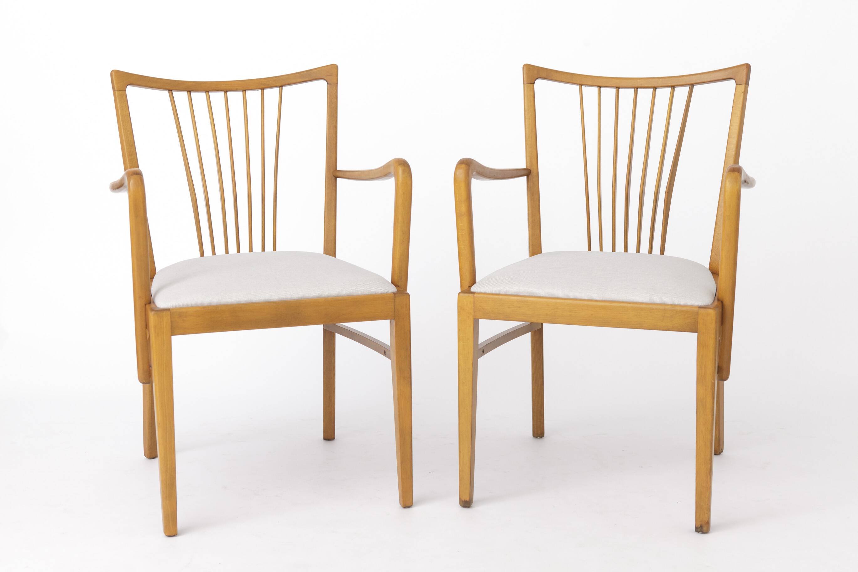 Pair of 1950s Vintage Armchairs, Restored Beech Wood & Light Gray 1950s