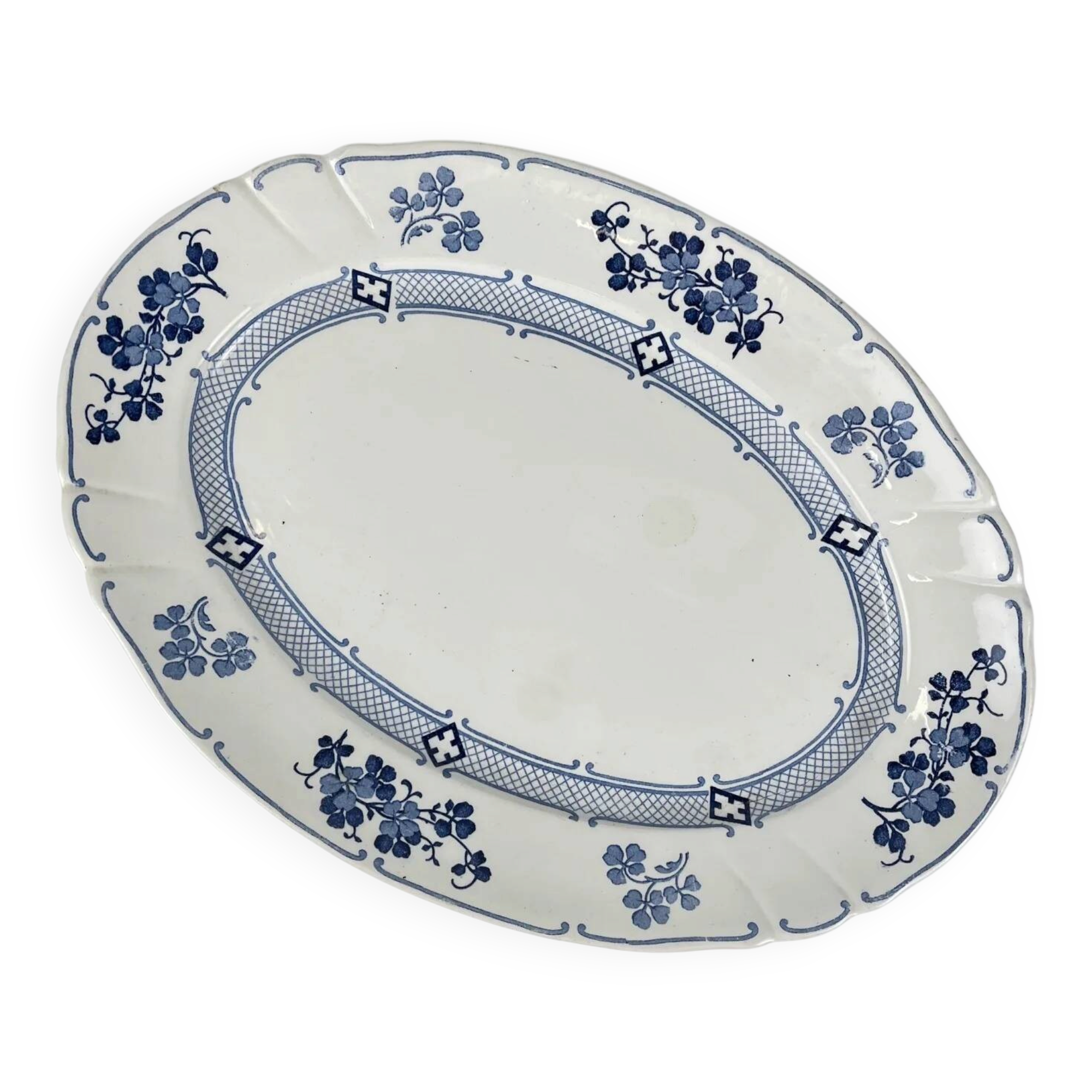 Large oval dish Terre de Fer KG Lunéville, model "Jane", blue, 1890-1915