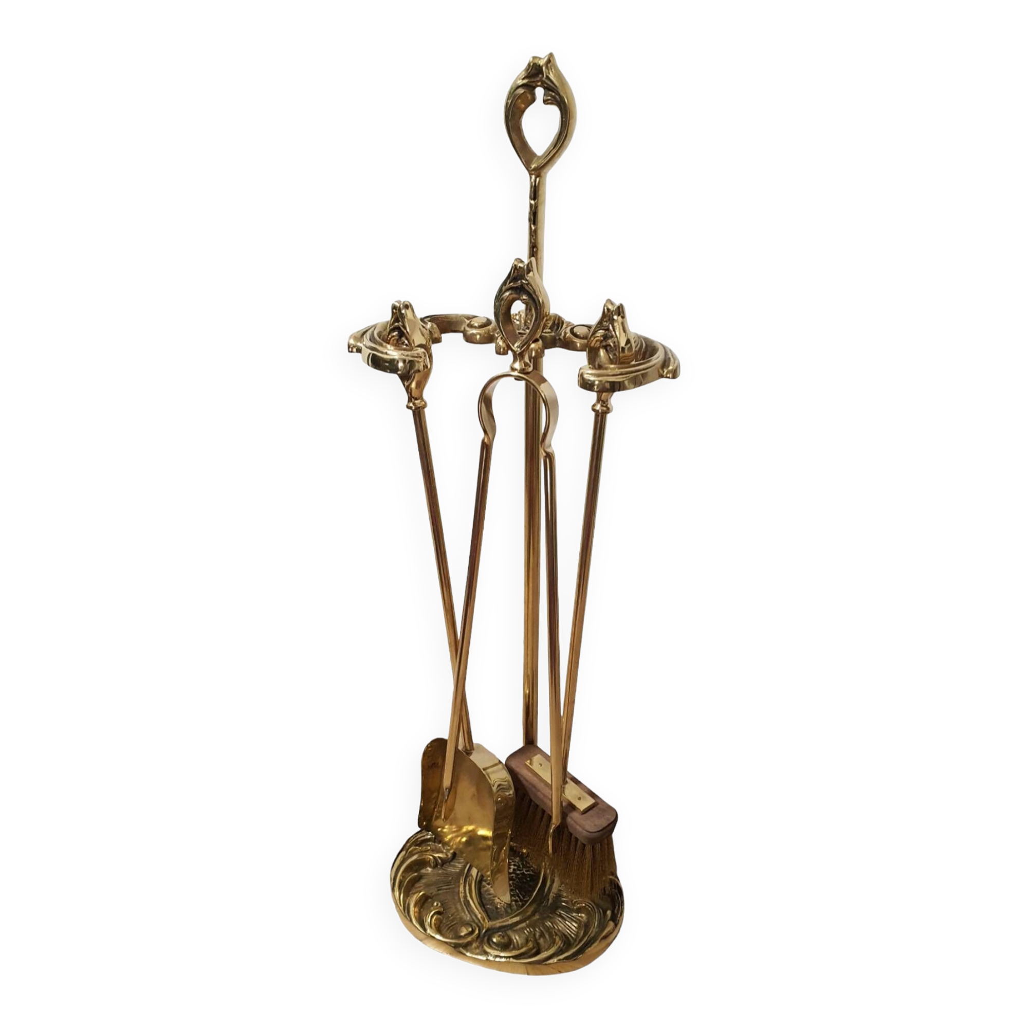 Superb solid bronze fireplace servant 3 accessories pliers, shovel, broom