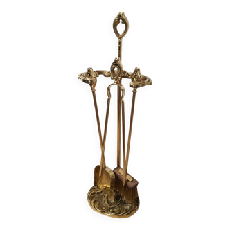 Superb solid bronze fireplace servant 3 accessories pliers, shovel, broom