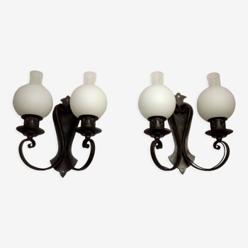 Matching pair french vintage wrought iron wall lights glass shade & funnel 4021