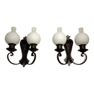 Matching pair french vintage wrought iron wall lights glass shade & funnel 4021