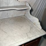 Antique wood and marble kitchen sideboard with carved backsplash