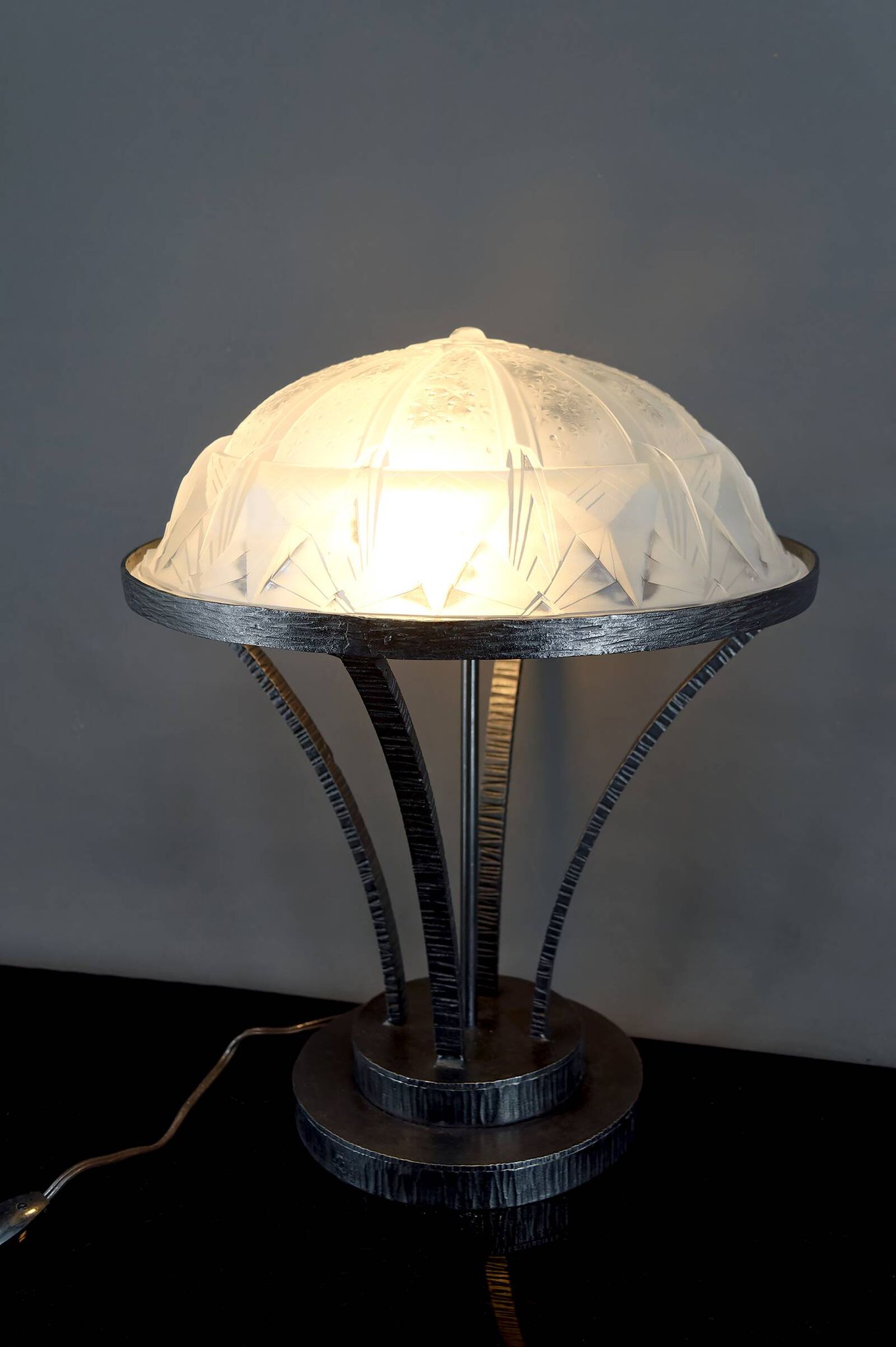 Important Art Deco Wrought Iron Lamp with Starry Glass Dome, c. 1930