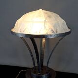 Important Art Deco Wrought Iron Lamp with Starry Glass Dome, c. 1930