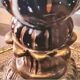 Lampe pied céramique et bronze, abat  jour plissé vieux rose 48x29  art deco