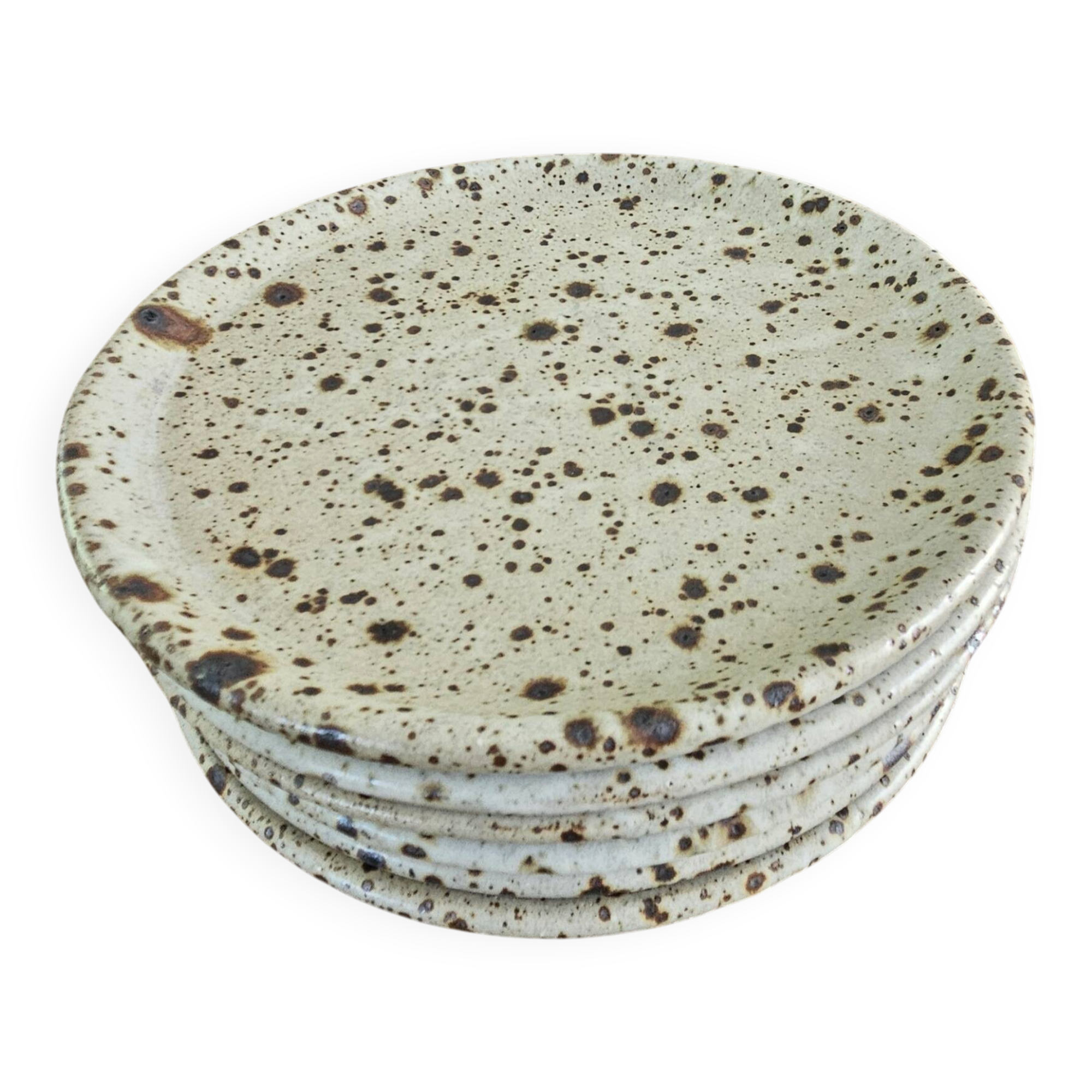 6 plates signed Gustave Tiffoche vintage pyrite glazed stoneware