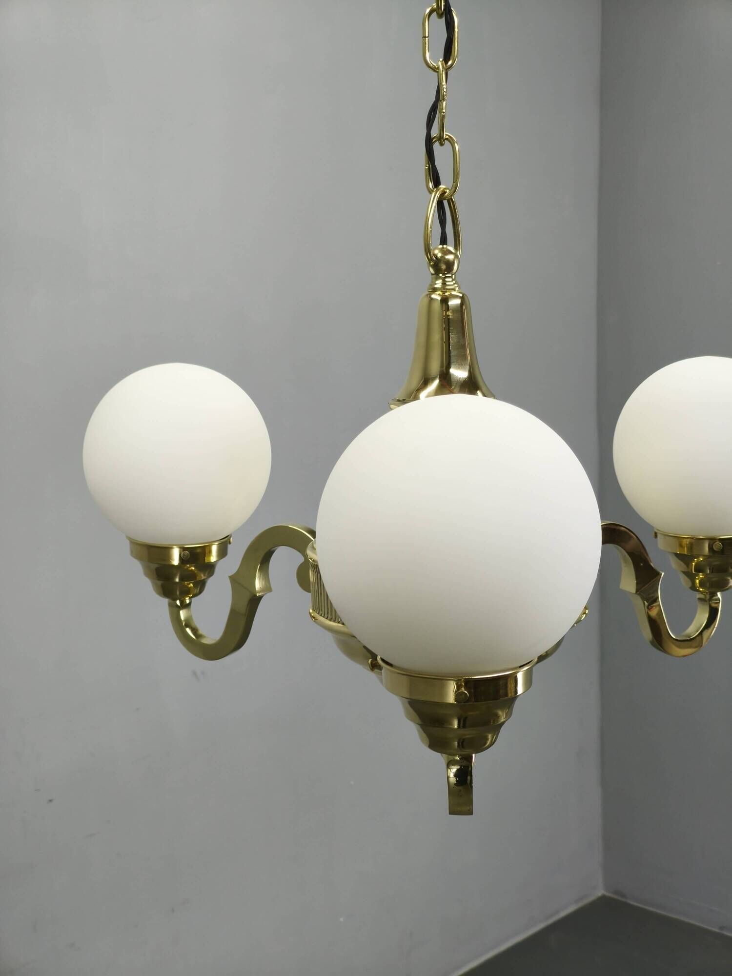 1930s Czech Neo-Baroque Brass Chandelier with Opaline Glass Globes