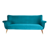 Canapé élégant trois places en velours, années 60, turquoise, restauré
