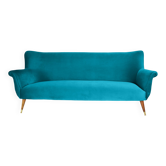 Canapé élégant trois places en velours, années 60, turquoise, restauré