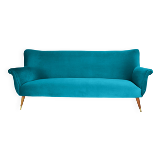 Canapé élégant trois places en velours, années 60, turquoise, restauré