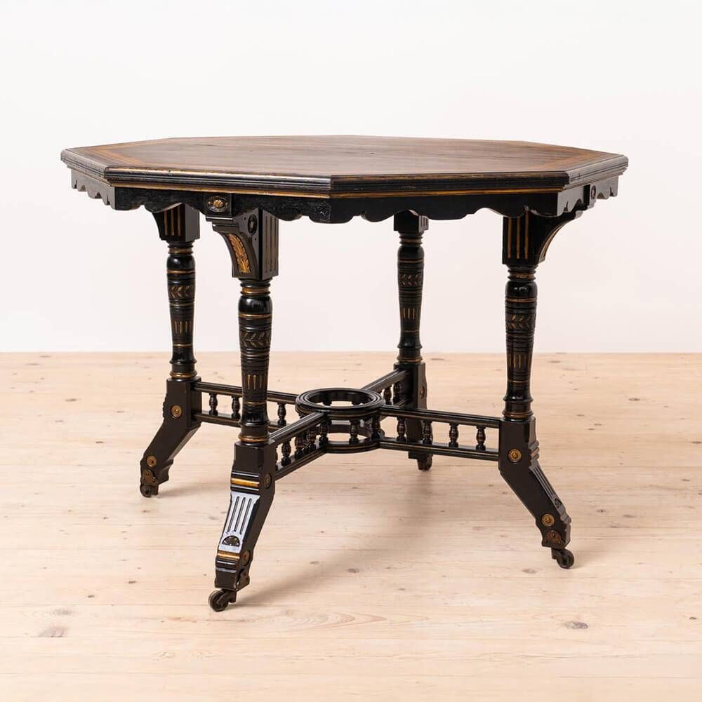 Victorian Ebonized Octagonal Center Table by C. Hindley & Sons, 19th Cent.