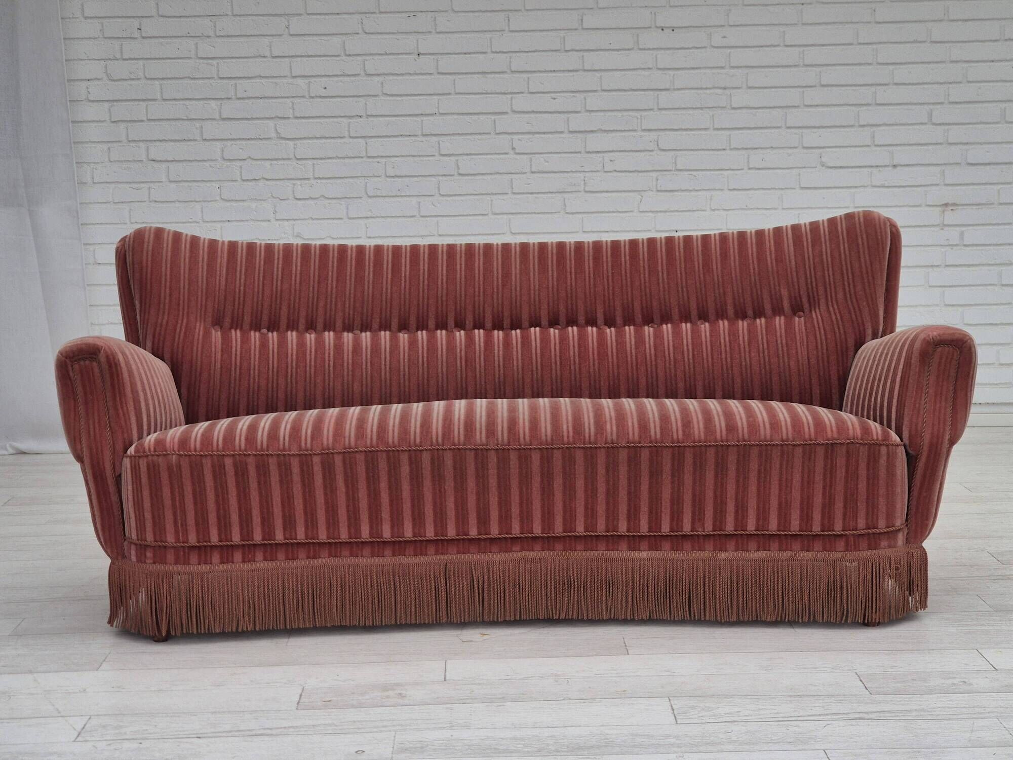 1960s, Danish 3-seater curved sofa, pink-salmon furniture velour, original.