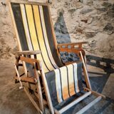 Vintage French folding lounge chair – 1950s/60s in beech with striped canvas, adjustable recliner