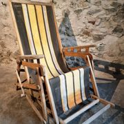 Vintage French folding lounge chair – 1950s/60s in beech with striped canvas, adjustable recliner