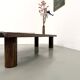 Modernist coffee table in solid elm, cylindrical pine base, 1970s.