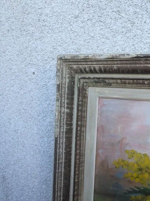 Tableau ancien, mimosa et violettes