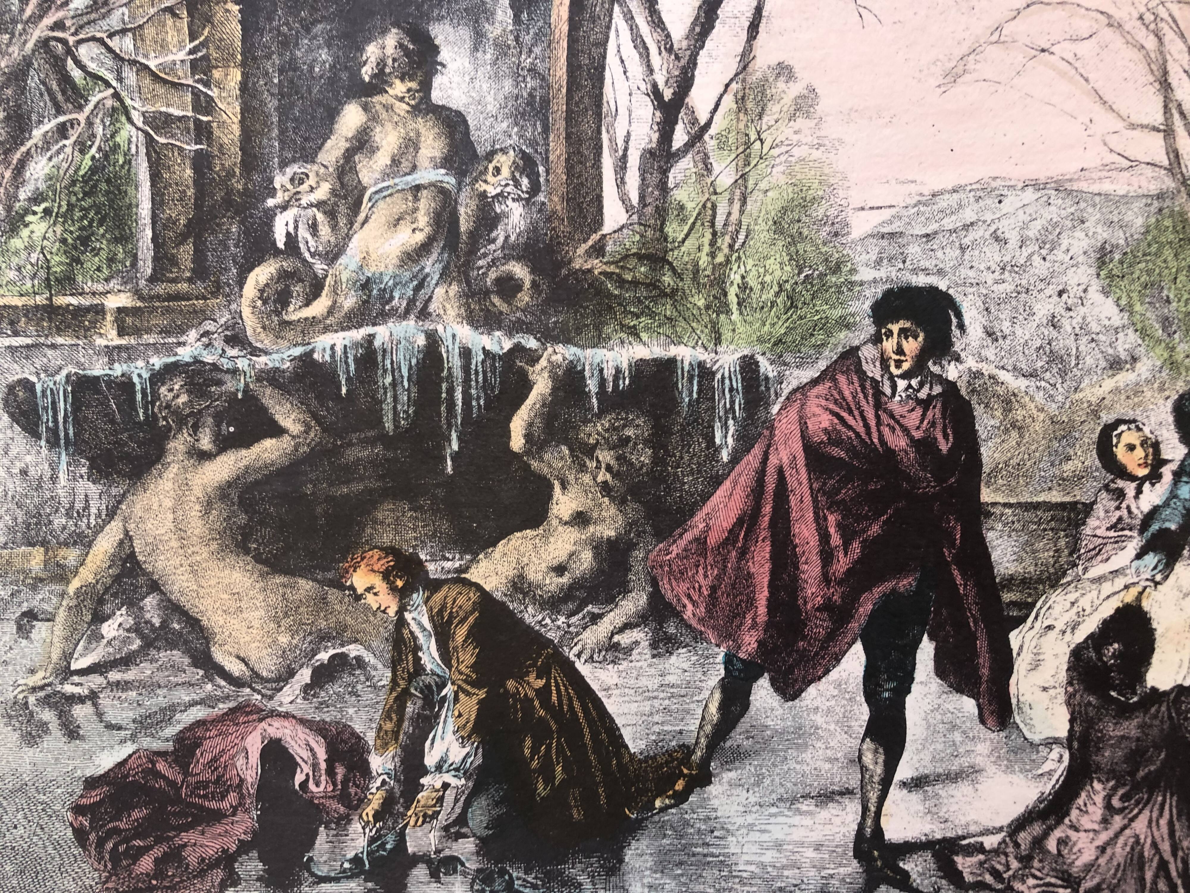 Set 4 lithograph les saisons after nicolas lancret, engraver chapollion and de mare, 20th century print