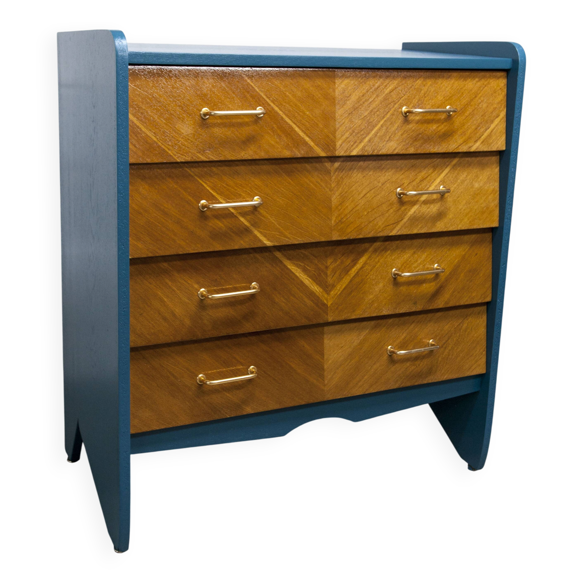 Commode scandinave 1960 atypique bleu Satiné 4 tiroirs
