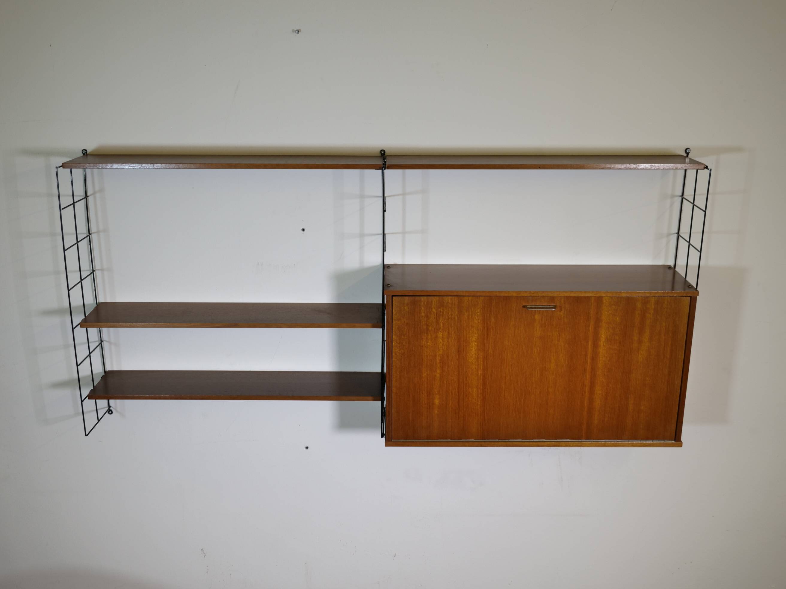 Mid Century String Shelving Unit in Teak with Secretary Cabinet, 1960s