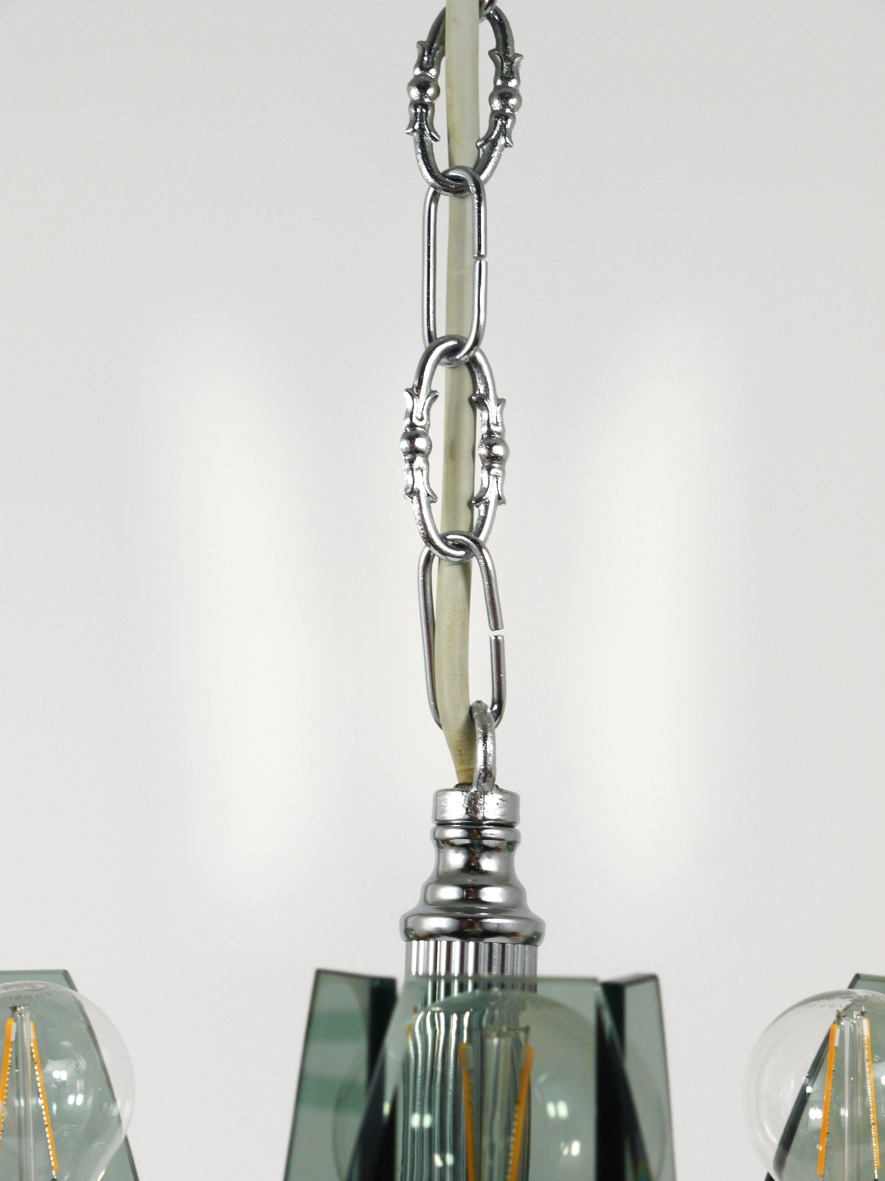 Glass and chrome suspension light in Fontana Arte style by Veca Murano, Italy.