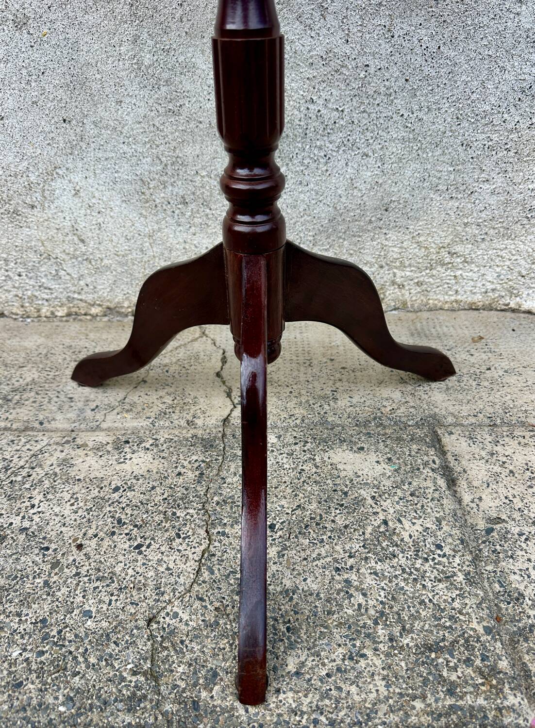 Small antique wooden and leather pedestal table, vintage wine side table