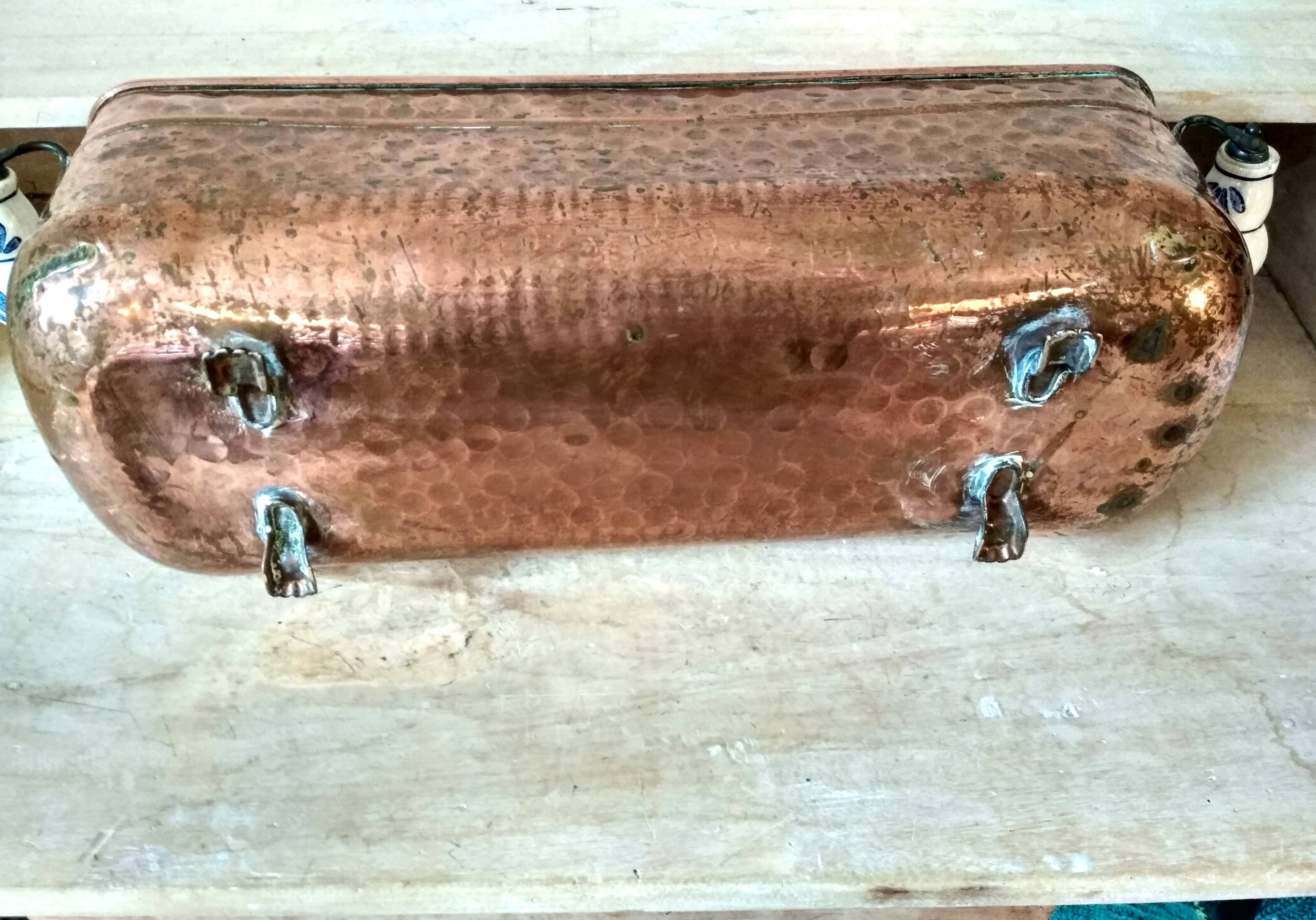 Large brass and copper planter, tray on 4 lion paw feet