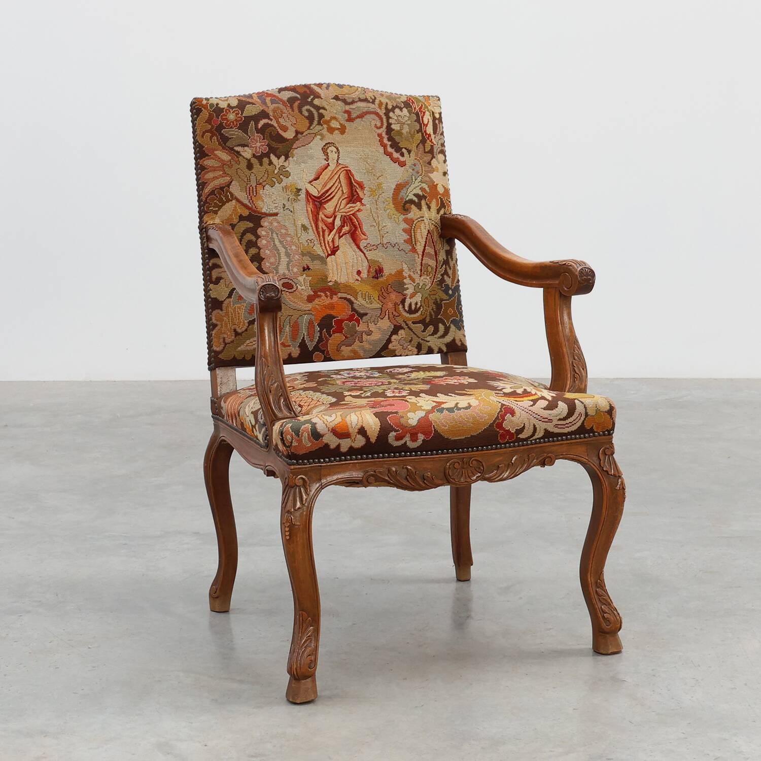 Louis XV Style Carved Walnut Armchair with Needlepoint Upholstery, France
