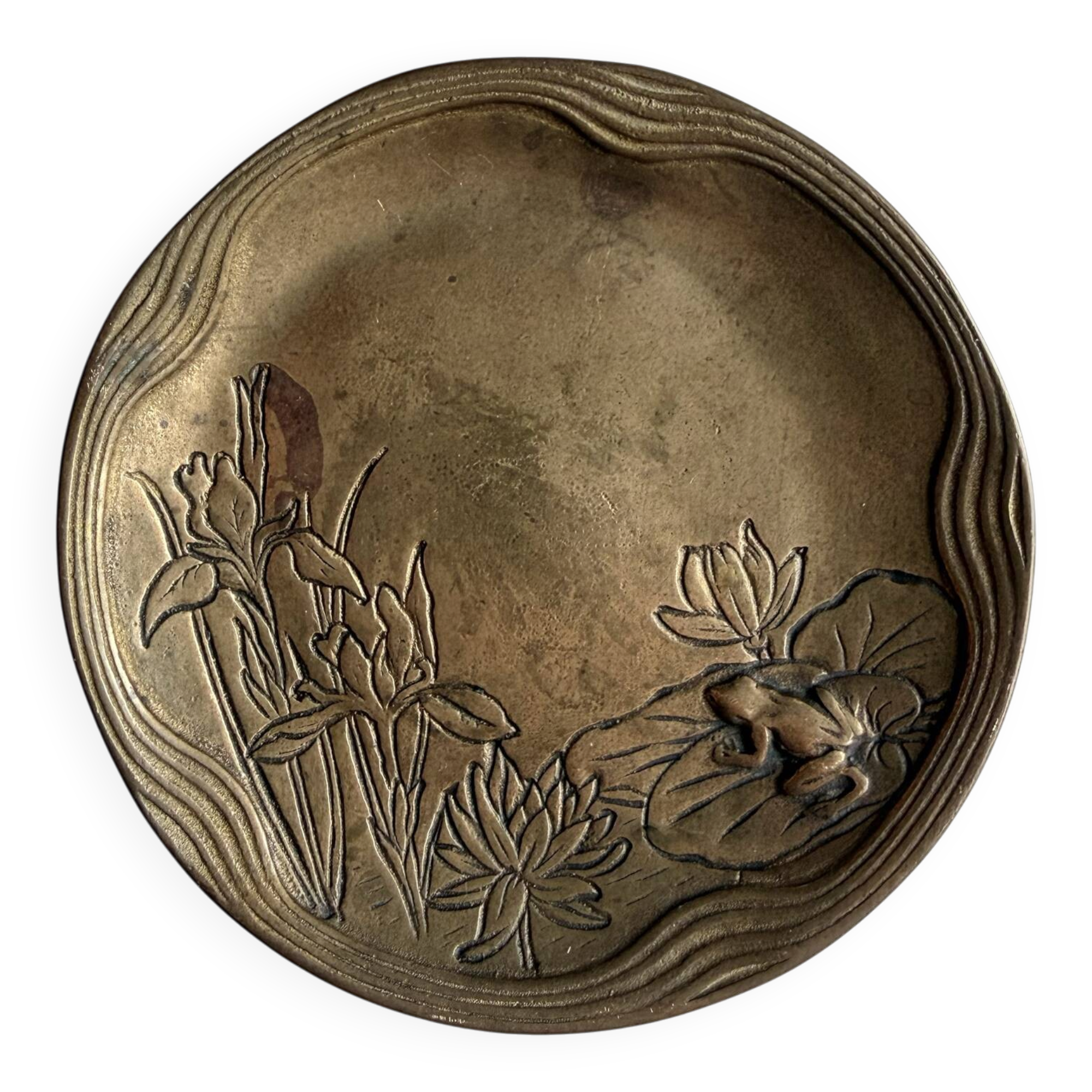Vintage Austrian brass plate, frog on lily pad, Art Nouveau, Jugendstil ring.